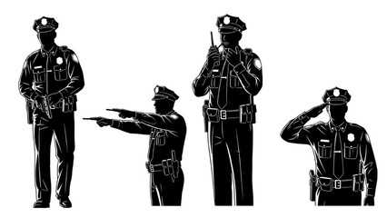 Police Officer Silhouette Vector Set — Patrolling, Radio Talk, Traffic Direction, Salute Pose, Uniform Clip Art Illustration


