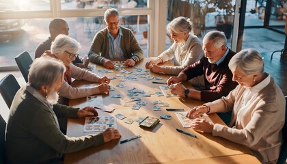 Group of Senior Friends Playing Cards Indoors Elderly People Enjoying Leisure Activities, Senior Lifestyle and Social Gathering, Memory Games, Healthy Aging