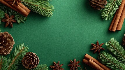 green christmas flat lay with pine cones and spices frame, festive green holiday background with fir and cinnamon, winter christmas background on green textured backdrop