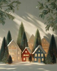 Winter Village: A charming winter scene featuring quaint houses nestled among snow-covered evergreen trees, exuding a sense of cozy warmth and holiday spirit.