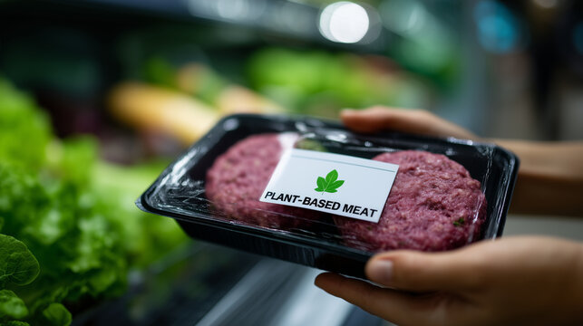 A close-up shot of a pair of adult human hands (Asian ethnicity, warm skin tone) holding a black rectangular tray containing two round pink plant-based burger patties. The tray is