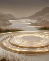 Fototapeta premium Luminous Rings by the Lake: A mesmerizing scene unfolds as concentric, glowing rings emerge from the serene waters, reflecting the subtle hues of the mountainous landscape.