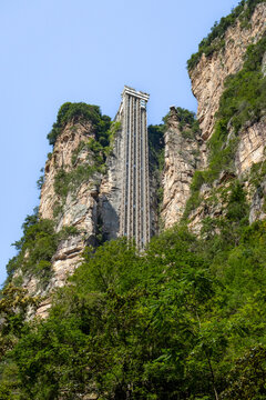 The highest outdoor elevator in the world at Zhangjiajie National Forest Park Bailong elevator in Hunan, China