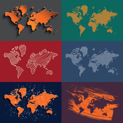 A collection of political maps of the world. A dotted world map, linear, paper, in the form of bright blobs. Countries. A set of outline maps in orange and gray.