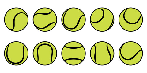 Set of different tennis balls in yellow and black colours. Flat vector illustration isolated on a white background.	