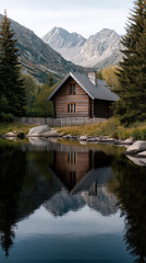 Fototapeta premium Rustic log cabin nestled among pine tree, mountain landscape, tranquil lake reflection, serene nature scene