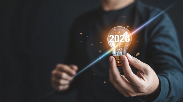 hand holding glowing 2026 futuristic digital concept, digital illustration of hand holding 2026 light sphere, future new year 2026 technology concept - Powered by Adobe