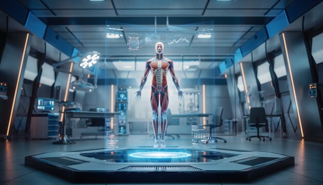 Futuristic Medical Lab Holographic Human Anatomy Display in Surgical Room with HighTech Equipment.