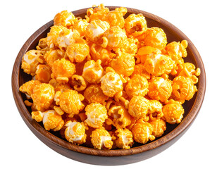 Heap of orange coated popcorn in a round wooden bowl, top view