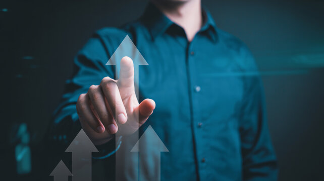 business growth concept with floating upward arrow icons, digital marketing success arrows with human finger, financial growth visualization with rising arrows - Powered by Adobe