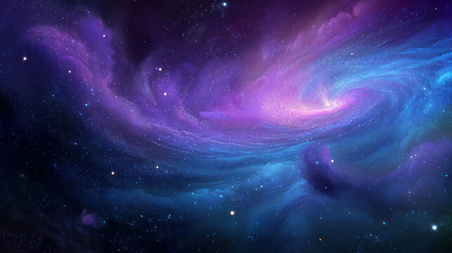 Space background with colorful nebula Galaxy Cloud. Bright galaxy shimmering neon blue purple colors with distant stars. Mysterious alien star system purple green planets orbiting a bright glowing sun