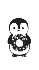 Cartoon penguin holding a sprinkled doughnut in a cute pose.