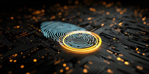 Illuminated digital fingerprint rests upon a complex electronic circuit board background