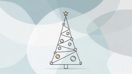 Elegant Minimalist Christmas Tree Illustration Featuring Geometric Lines, a Golden Star, and Metallic Silver and Gold Baubles, Set Against a Serene Abstract Backdrop