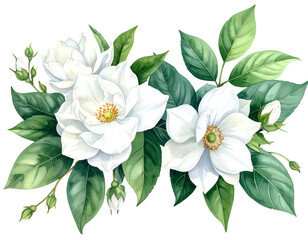 Lush arrangement of white flowers with green leaves on dark background