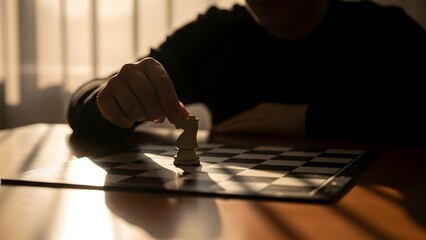 A dramatically backlit silhouette of a person moving a white knight chess piece on a chessboard, symbolizing strategic planning, focus, intelligence, and competitive mindset during a challenging game