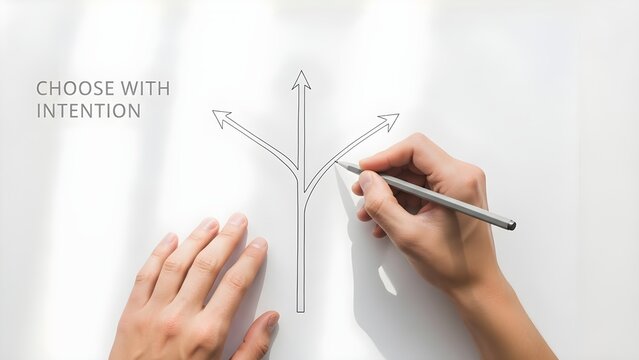 A strategic visual representation of choice, showing a hand drawing a path splitting into three directions with a pencil on a white surface. The phrase "CHOOSE WITH INTENTION" emphasizes mindful deci