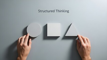 Hands interact with fundamental shapes (circle, square, triangle) beneath "Structured Thinking," symbolizing organizing ideas and strategies into clear, distinct components for effective analysis.