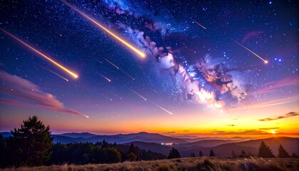 Celestial Symphony Breathtaking Meteors Streak Across the Vibrant Milky Way Galaxy at Twilight, Illuminating a Serene Mountain Landscape Under a Starry Night Sky