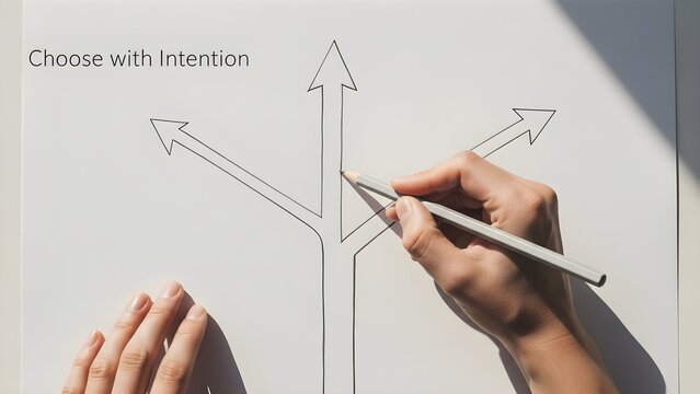 A person draws a decision path diagram with three diverging arrows on white paper, emphasizing intentional choice. The text "Choose with Intention" highlights strategic thinking and directional focus