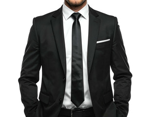 Man in black suit, white shirt, black tie, hands in pockets