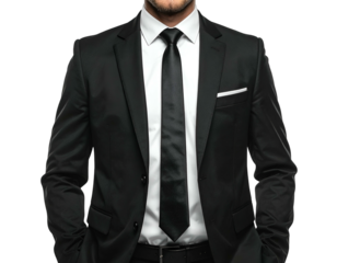 Man in black suit, white shirt, black tie, hands in pockets