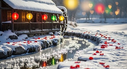 Snowy Lantern River Path with Winter Lights and Frozen Stream
