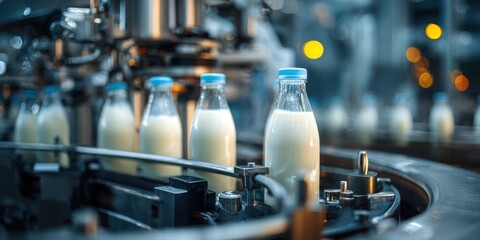 Dairy factory bottling fresh milk bottles on conveyor belt