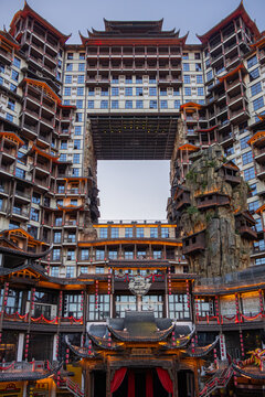 Historic Tujia Chinese stilted architecure building 72 Wonder Qilou Tower in Zhangjiajie China