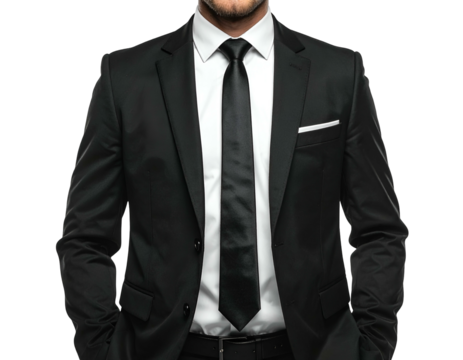 Man in black suit, white shirt, black tie, hands in pockets