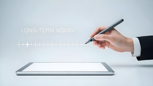A business professional uses a pen to mark a point on a virtual timeline displaying "LONG-TERM VISION" above a tablet, symbolizing strategic planning, goal setting, and future orientation in business