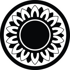 Illustration decorative floral sunflower round emblem in black and white silhouette vector
