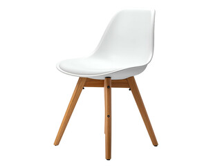 Modern white plastic shell chair with wooden legs on a black background