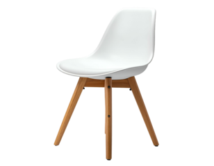 Modern white plastic shell chair with wooden legs on a black background