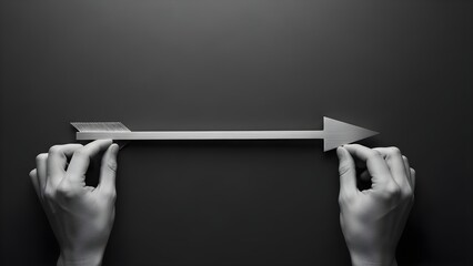 Two hands hold a stylized, metallic arrow pointing right across a dark background, symbolizing strategic direction, goal setting, and focused execution in a corporate or business context.