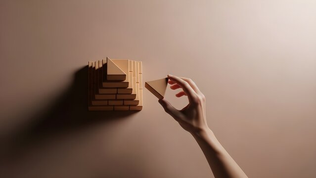 A hand places the final triangular piece atop a stepped pyramid structure of beige blocks, symbolizing strategic completion, planning, and achieving the ultimate goal on a monochromatic background.