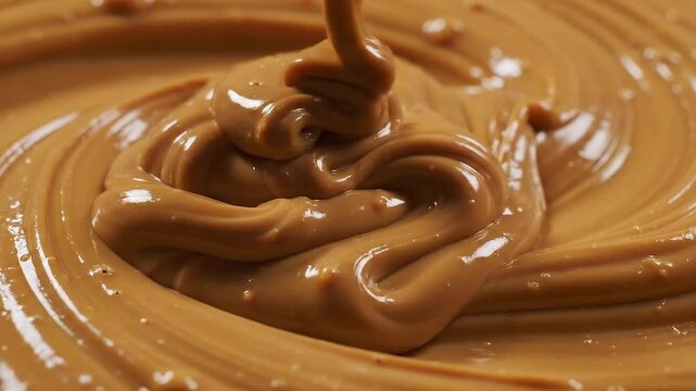 Smooth creamy peanut butter flowing and swirling close up food texture