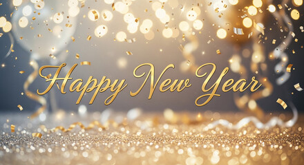 Festive Happy New Year greeting with gold glitter confetti and bokeh lights perfect for holiday cards and social media posts