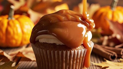 Yummy caramel sauce drizzles over autumn cinematic shots of cup cake drizzle - Powered by Adobe