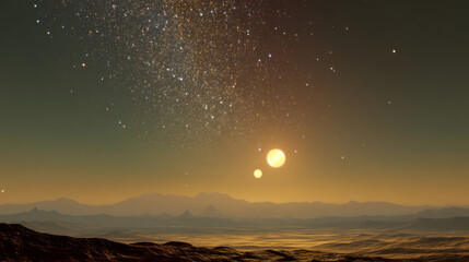 Fototapeta premium Space background with colorful nebula Galaxy Cloud. Bright galaxy shimmering neon blue purple colors with distant stars. Mysterious alien star system purple green planets orbiting a bright glowing sun