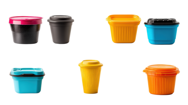 Colorful food and drink containers on transparent background