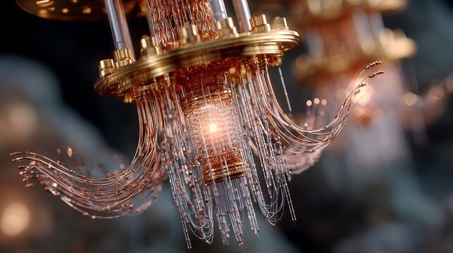 Business background featuring quantum cryostat architecture dramatic low angle shot of complex gold copper quantum computing 'chandelier' rig intricate wiring glowing subtle cool light surrounded