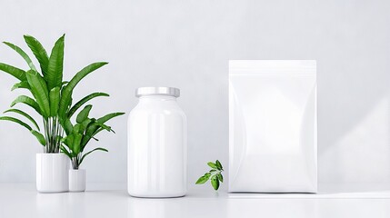 A minimalist composition featuring a white bottle, a package, and potted plants on a white surface. The image is clean and bright, with a focus on product prese