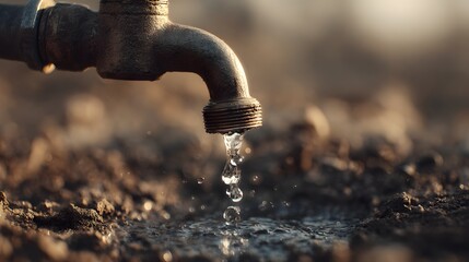 Tropfender Wasserhahn in ausgetrockneter Landschaft
