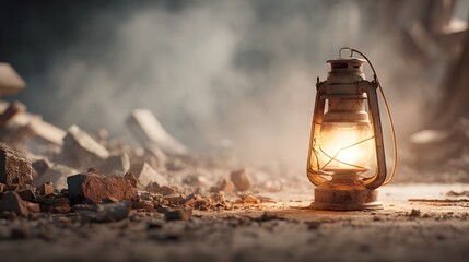 Laterne leuchtet zwischen Trümmern einer zerstörten Stadt

