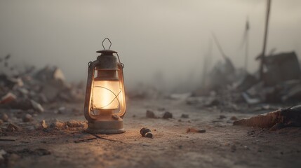 Laterne leuchtet zwischen Trümmern einer zerstörten Stadt
