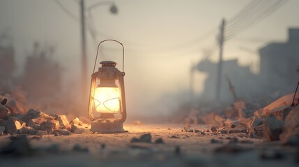 Laterne leuchtet zwischen Trümmern einer zerstörten Stadt
