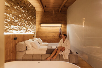 Cozy hotel room with elegant design and relaxation area