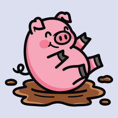 Cute Pig Rolling in Mud Happy Cartoon Vector Illustration