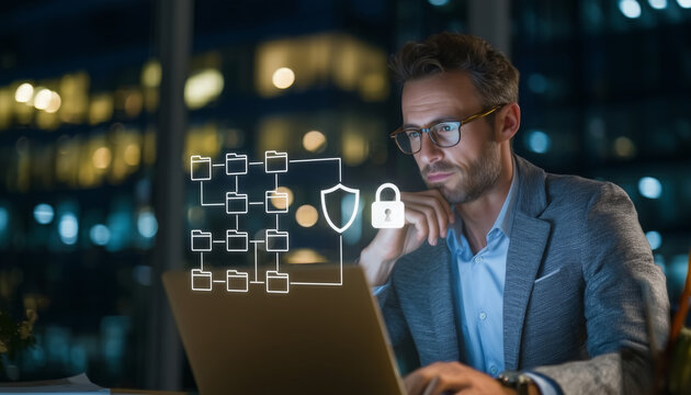 Professional businessman working on laptop, looking to the screen, with glowing virtual cybersecurity shield and lock icon. Data protection, network safety and digital privacy concept. - Powered by Adobe